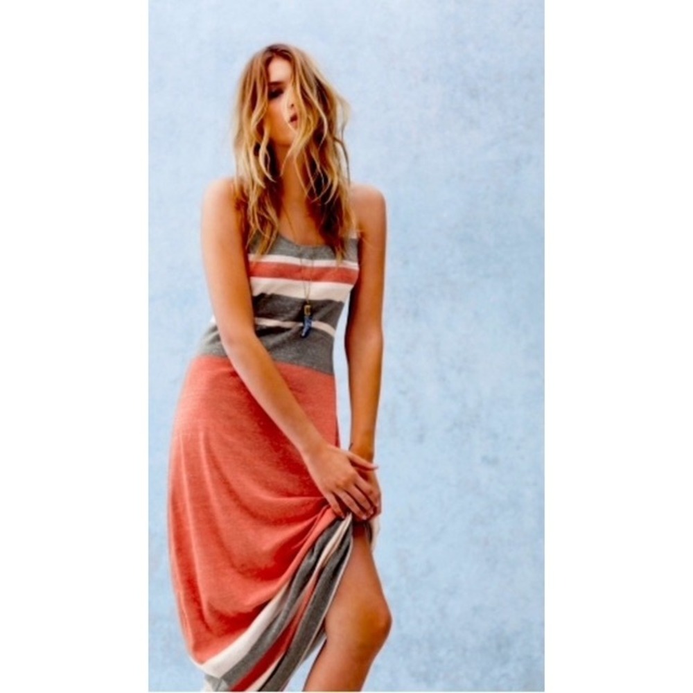 Free People Intimately Striped Maxi Dress Coral Grey Cutout Back Knit Sleeveless